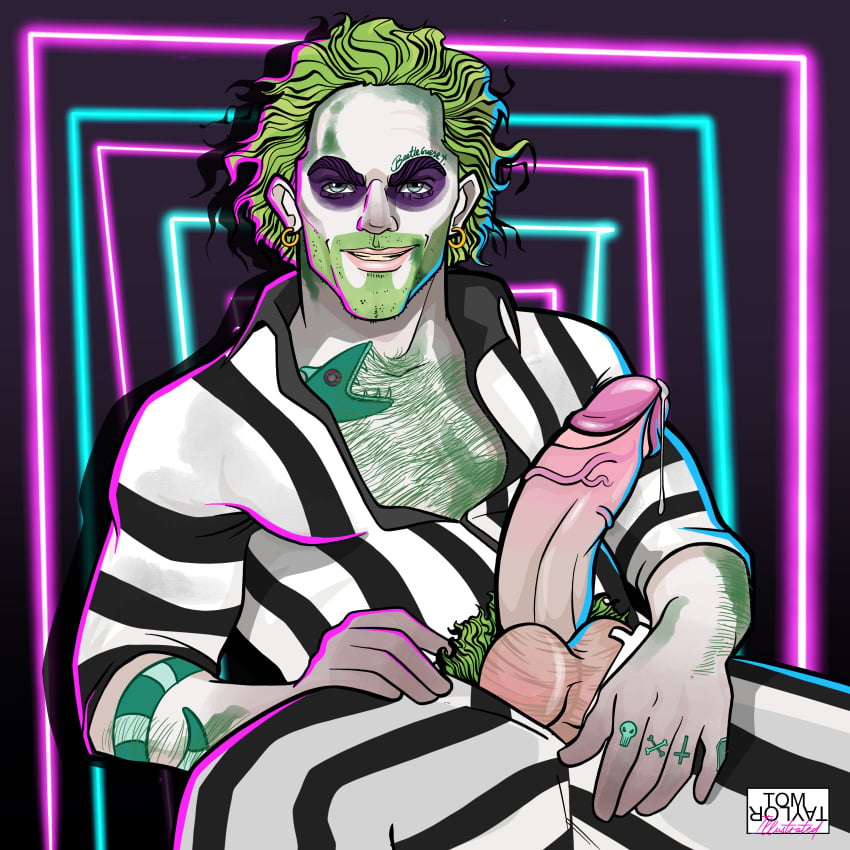 1male beetlejuice beetlejuice_(character) green_hair male male_focus male_only penis_out tattoo tom_taylor_illustrated