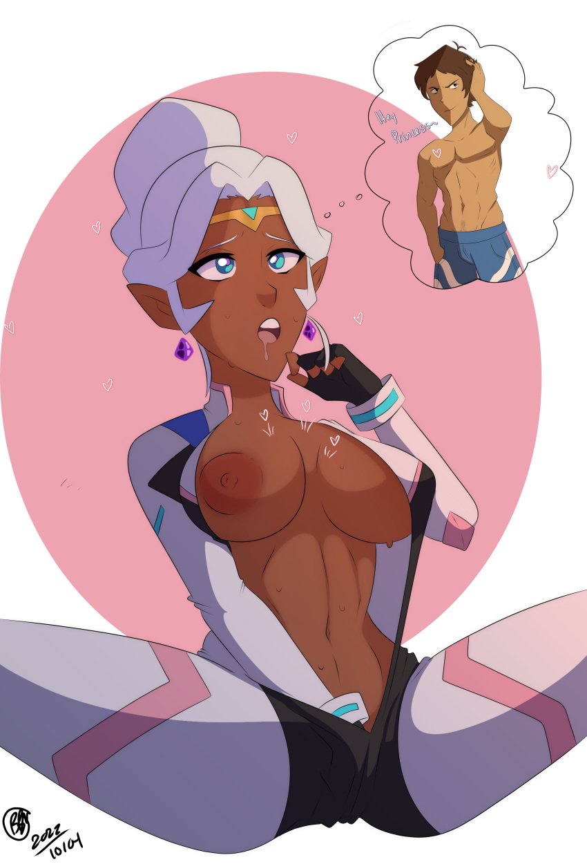 1boy 1girls areolae big_breasts breasts bunbunmuffinart dark-skinned_female dark_skin female female_focus female_only lance_mcclain long_hair masturbation netflix nipples no_bra no_panties open_clothes pleasure_face pointy_ears princess_allura thought_bubble voltron voltron:_legendary_defender