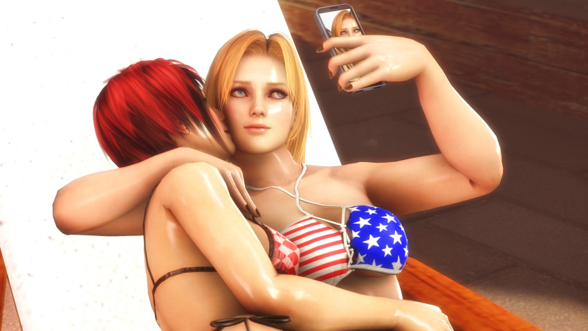 3d bikini blonde_hair blue_eyes brown_eyes cheek_kiss dead_or_alive kissing_cheek larryjohnsonsfm mila_(doa) red_hair romantic selfie tina_armstrong yuri