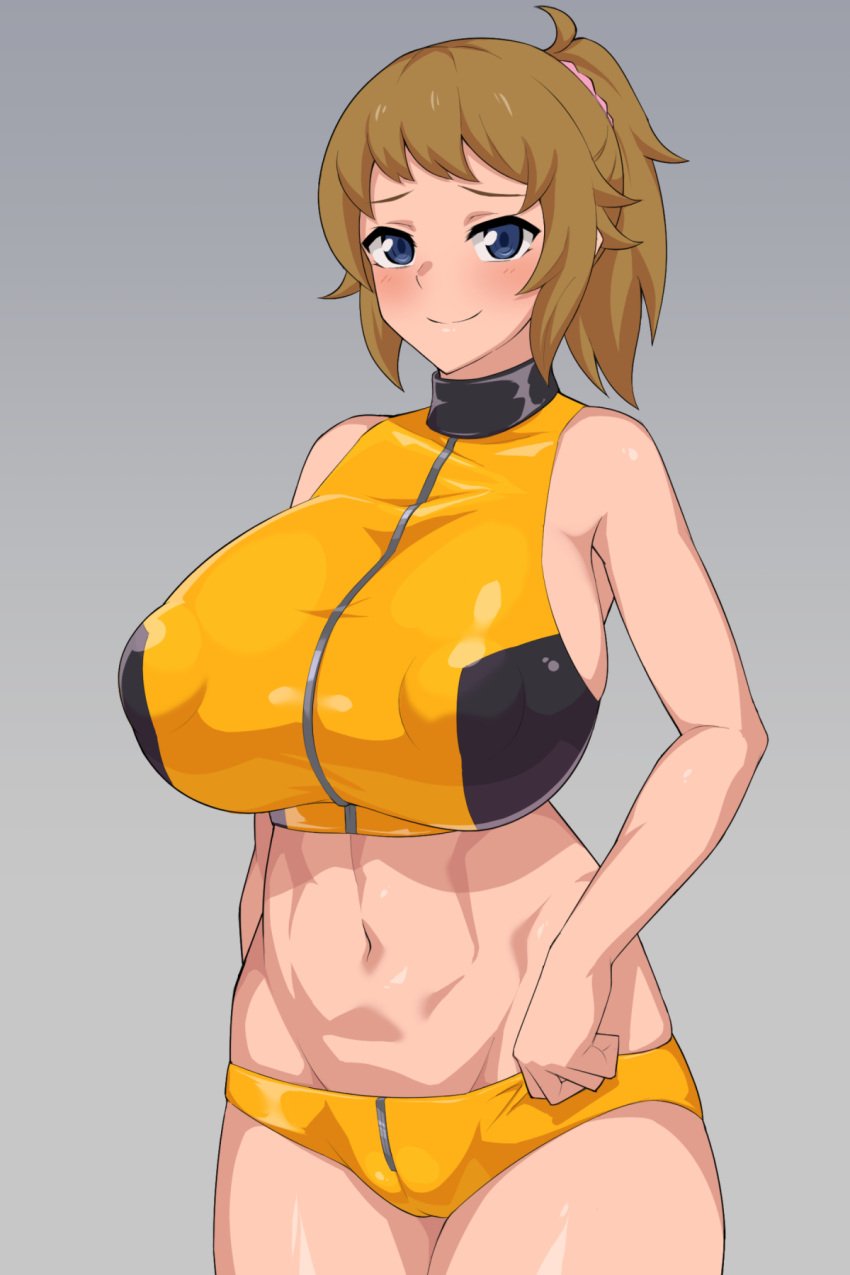 1girls blue_eyes breasts brown_hair clothed clothed_female female gundam gundam_build_fighters gundam_build_fighters_try hoshino_fumina huge_breasts lancer24 medium_hair ponytail sportswear tight_clothing