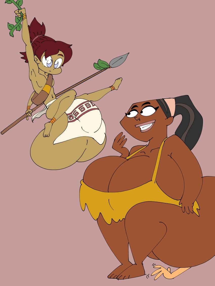 bbw brown_skin cleavage crushed dark_skin female hyper_balls leshawna_(tdi) loincloth maxtlat oc pleased_expression short_male small_but_hung spear swinging_balls tagme teotle_(oc) top_knot topknot total_drama_island tribal