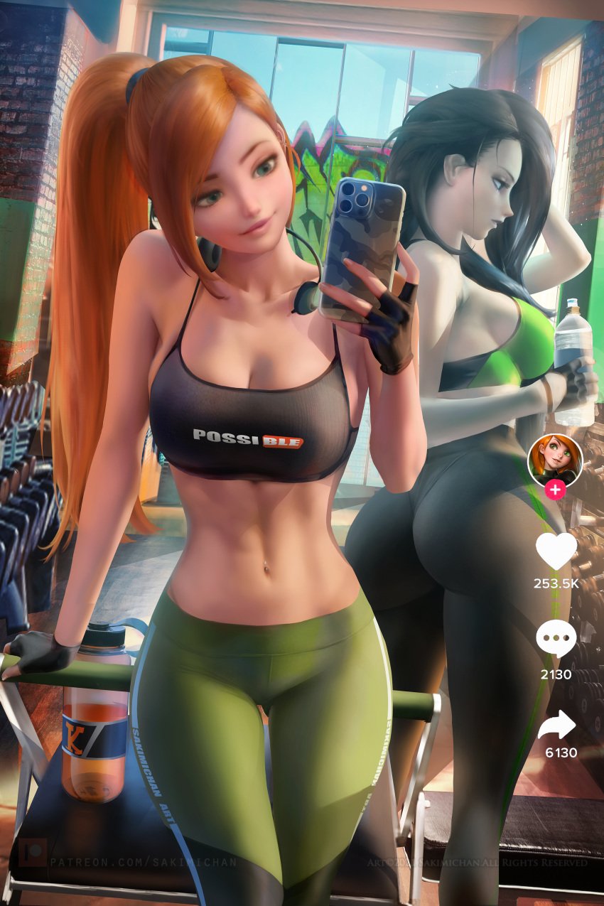 2girls big_breasts bubble_butt disney female female_only gym hourglass_figure kim_possible kimberly_ann_possible multiple_girls sakimichan shego tiktok tiktok_overlay