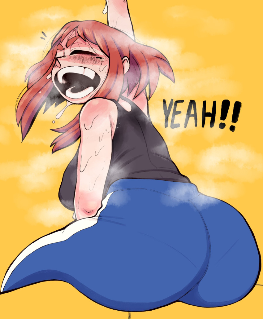 1girls ass big_ass breasts brown_hair bubble_butt clothed clothing dumpiwumpi_(artist) hi_res large_breasts my_hero_academia ochako_uraraka pantylines short_hair solo sweat text