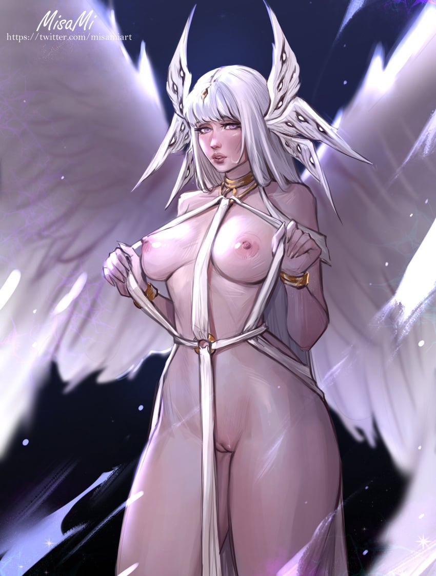 1girls angel angel_wings areolae artist_name breasts curvaceous curvy female female_only hourglass_figure large_breasts misami nipples nude_female original_character pale-skinned_female pale_skin purple_eyes pussy sole_female solo thick_thighs toned_female white_hair wings