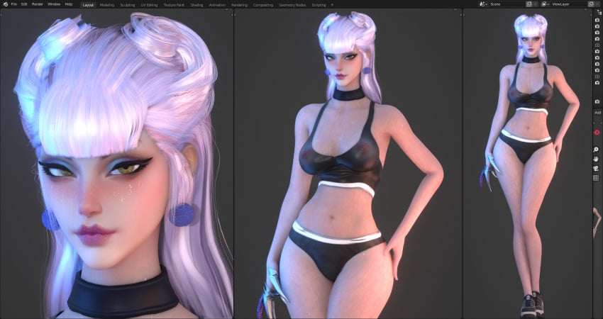 blender blender_(software) earrings evelynn gym_uniform k/da_evelynn k/da_series kinkycat3d kinkykatt3d league_of_legends underwear white_hair wip work_in_progress workout_clothes