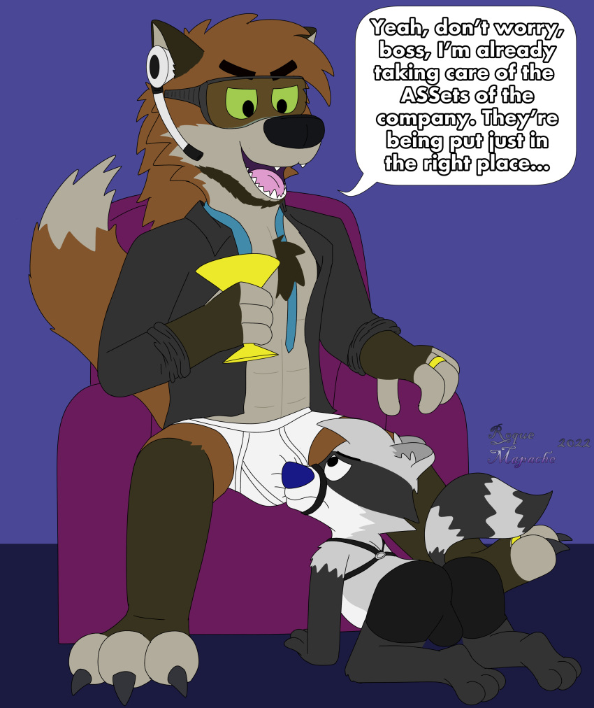 3_toes 4_fingers absurd_res all_fours angry anthro black_clothing black_underwear blue_nose briefs brown_body brown_fur bulge bulge_fondling bulge_in_face bulge_size_difference bulge_sniff canid canine claws clothed clothing cocky cocky_smile container cup digital_media_(artwork) duo ethan_blade fangs feet fingers fur grey_body grey_fur hair harness headgear headphones headset headset_microphone hi_res long_hair looking_at_another looking_at_partner looking_down looking_up male male/male mammal maned_wolf markings necktie nuzzling open_clothing open_mouth open_shirt open_topwear partially_clothed procyonid pubes raccoon ring ring_(marking) roquemapache roquemapache_(artist) sex shirt signature simple_background sitting smile smirk spread_legs spreading text toe_claws toes tongue topwear underwear were white_body white_clothing white_fur white_underwear yellow_eyes yellow_sclera