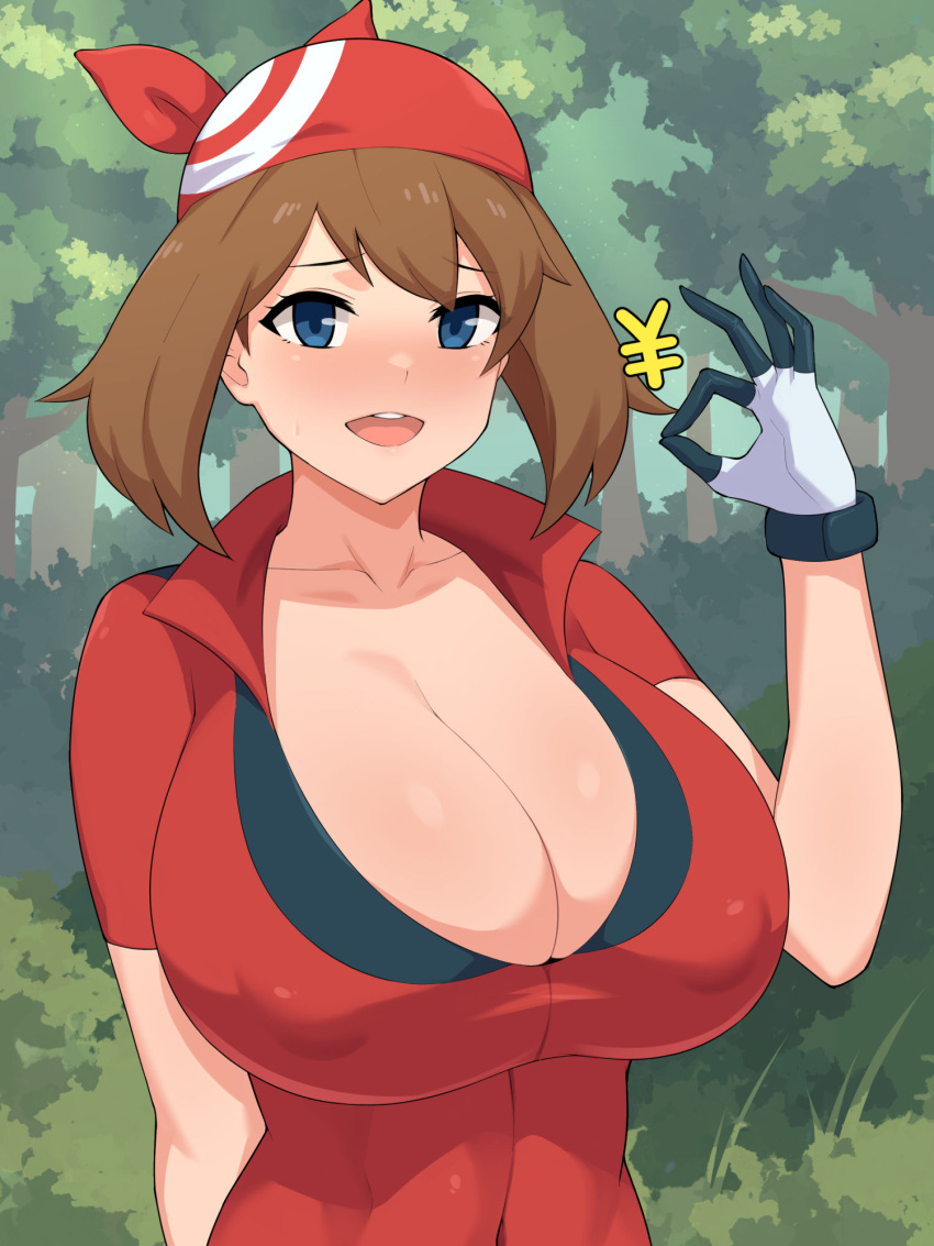 1girls bandana big_breasts blue_eyes blush breasts brown_hair eye_contact female_only game_freak gloves huge_breasts lancer24 light-skinned_female light_skin looking_at_viewer may_(pokemon) nintendo pokemon pokemon_(game) pokemon_rse short_hair solo upper_body