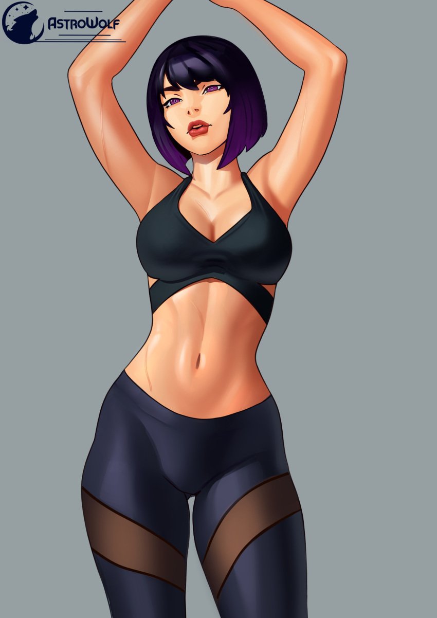 1girls astrowolf athletic gym_clothes midriff original_character pixie_cut red_lipstick short_hair sole_female sports_bra tights toned_female yoga_pants