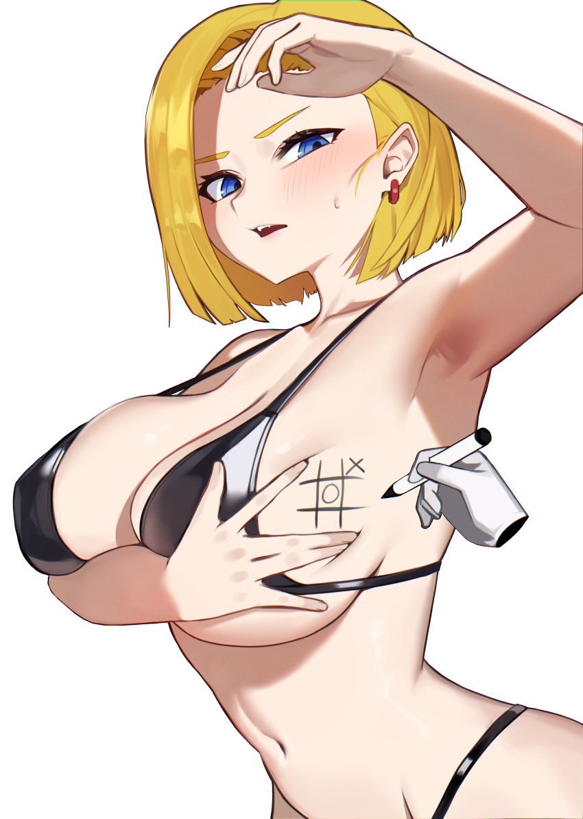 1girls absurd_res android android_18 armpits big_breasts bikini blonde_hair blue_eyes blush breasts disembodied_hand dragon_ball dragon_ball_z eye_contact high_resolution huge_breasts light_skin looking_at_viewer short_hair tic_tac_toe upper_body white_background yzr_(yzr99)