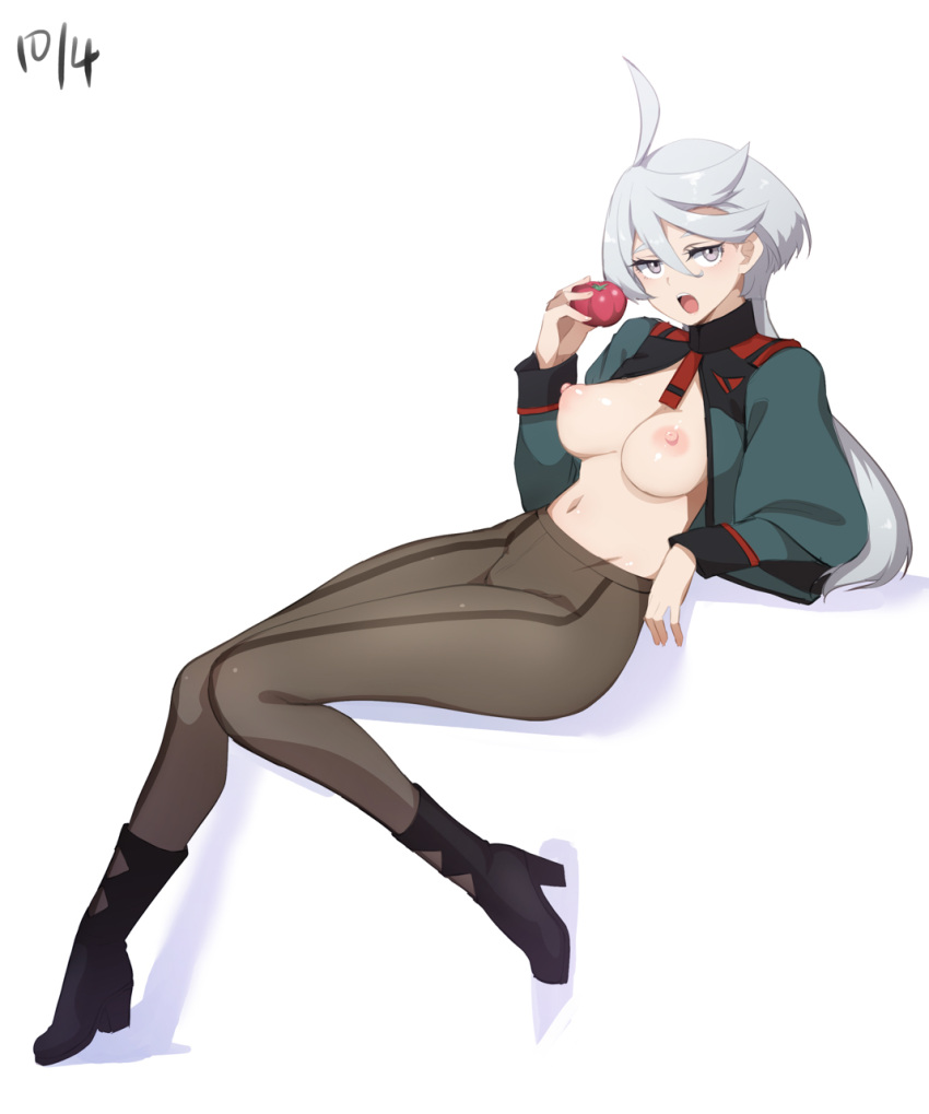 ahoge black_footwear breasts brown_pantyhose dated female food front-seamed_legwear full_body grey_eyes grey_hair gundam gundam_suisei_no_majo highres holding holding_food long_hair looking_at_viewer medium_breasts miorine_rembran nipples no_panties open_clothes open_mouth pantyhose school_uniform seamed_legwear solo tomato yu-ta