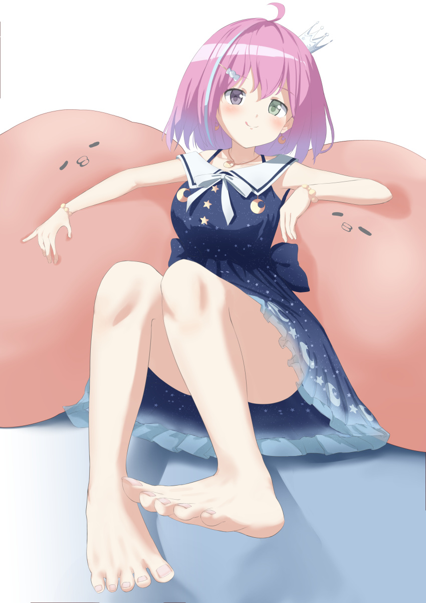 1girls ahoge artist_request barefoot big_eyes blue_dress blush blushing_at_viewer bob_cut bob_hair candy_hair_ornament crown dress dressed earrings exposed_feet exposed_legs eyebrows_visible_through_hair feet feet_fetish feet_focus female female_focus female_only food_themed_hair_ornament foot_fetish foot_focus golden_earrings golden_necklace gradient_hair green_eyes heterochromia high_resolution highres himemori_luna holoforce hololive hololive_japan licking_lips light-blue_hair light-skinned_female light_skin mischievous mischievous_smile necklace no_sex pink_eyes pink_hair plushie pose posing presenting_feet princess short_hair streamer toes toes_spread view_from_below virtual_youtuber white_background white_skinned_female young_woman youtuber