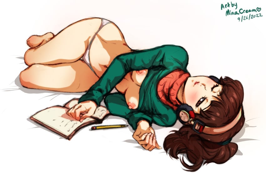 1girls areolae awake barefoot belly blush breasts breasts_out brown_eyes brown_hair clothes_lift exposed_breasts female female_only half-closed_eyes headphones highres legs light-skinned_female light_skin lips lo-fi_beats_to_relax/study_to lofi_girl looking_at_viewer lying lying_on_side medium_breasts medium_hair minacream navel nipples no_bra notebook on_side one_eye_closed panties pencil ponytail seductive simple_background sketch solo solo_female sweater sweater_lift thick_thighs thighs white_background white_panties wide_hips wink winking_at_viewer