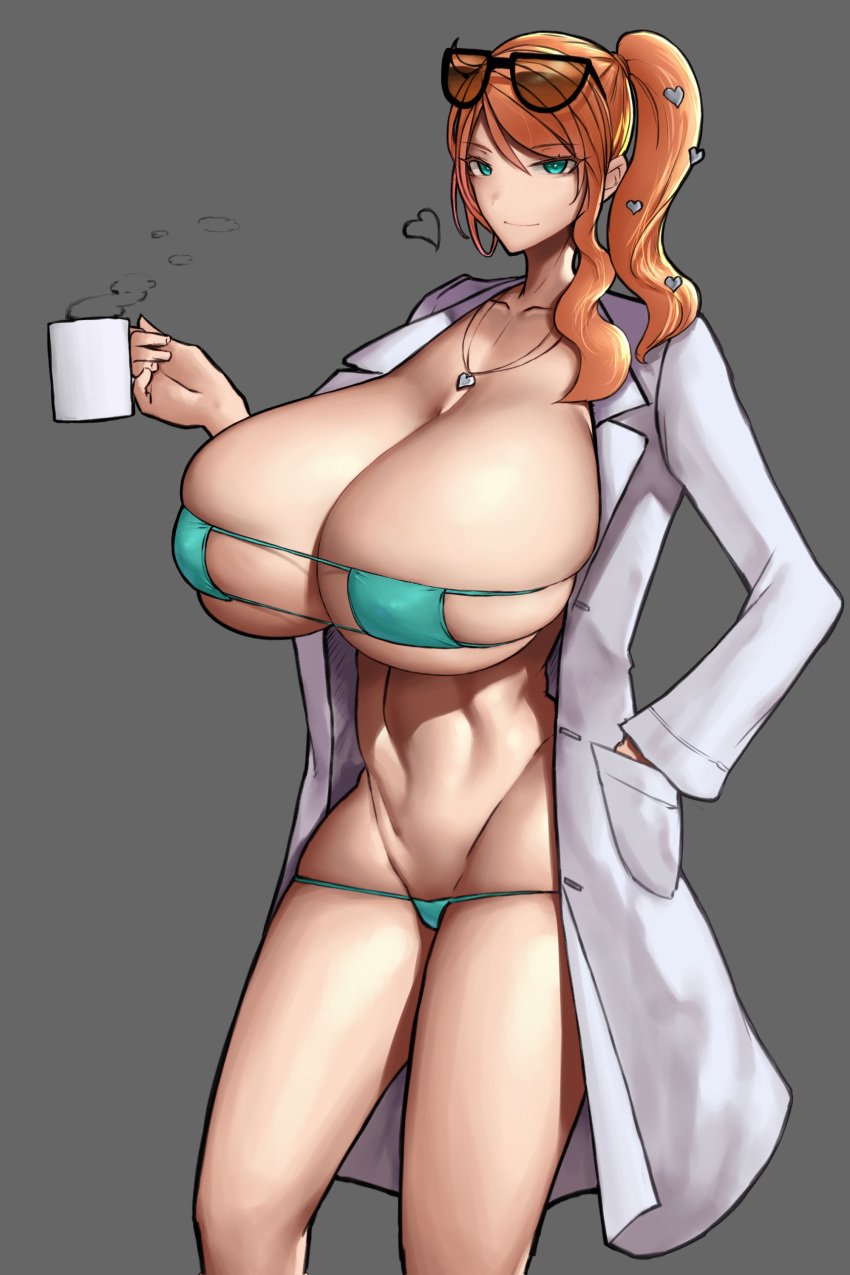 1girls absurdres aqua_eyes bakunyuu bikini bikini_bottom bikini_top black-framed_eyewear black-framed_glasses black_background black_eyewear breasts breasts_bigger_than_head bursting_breasts cleavage closed_mouth coffee_mug collarbone contrapposto cowboy_shot creatures_(company) cup curvaceous eyepatch_bikini eyewear_on_head feet_out_of_frame female framed_eyewear full_cleavage game_freak gigantic_breasts glasses_on_head green_bikini green_eyes green_eyes_female grey_background hair_ornament hand_in_pocket heart heart_hair_ornament heart_pendant hi_res highres hourglass_figure human jewelry labcoat light-skinned_female light_skin long_hair long_sleeves looking_at_viewer lowleg lowleg_bikini micro_bikini micro_bikini_bottom micro_bikini_top mug necklace nintendo no_pubic_hair orange_hair orange_hair_female out_of_frame pelvic_line pendant pendant_necklace pokemon pokemon_(game) pokemon_professor pokemon_ss shaved_crotch shaved_pussy side_ponytail simple_background skindentation slim_waist slutty_outfit smile smiling_at_viewer solo solo_female sonia_(pokemon) standing swimsuit toned toned_body toned_female top_heavy_breasts voluptuous voluptuous_female white_coat white_lab_coat wolffeld wolffeld_price