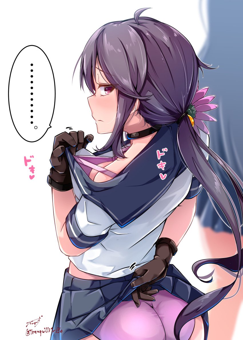 ... absurdres akebono_(kantai_collection) ass baileys_(tranquillity650) bell black_gloves black_hair blue_skirt bra breasts clothes_lift female flower from_behind gloves hair_bell hair_flower hair_ornament highres jingle_bell kantai_collection lifted_by_self long_hair miniskirt panties pleated_skirt purple_bra purple_eyes purple_hair purple_panties school_uniform serafuku short_sleeves side_ponytail skirt skirt_lift small_breasts solo_focus speech_bubble spoken_ellipsis underwear ushio_(kantai_collection) very_long_hair