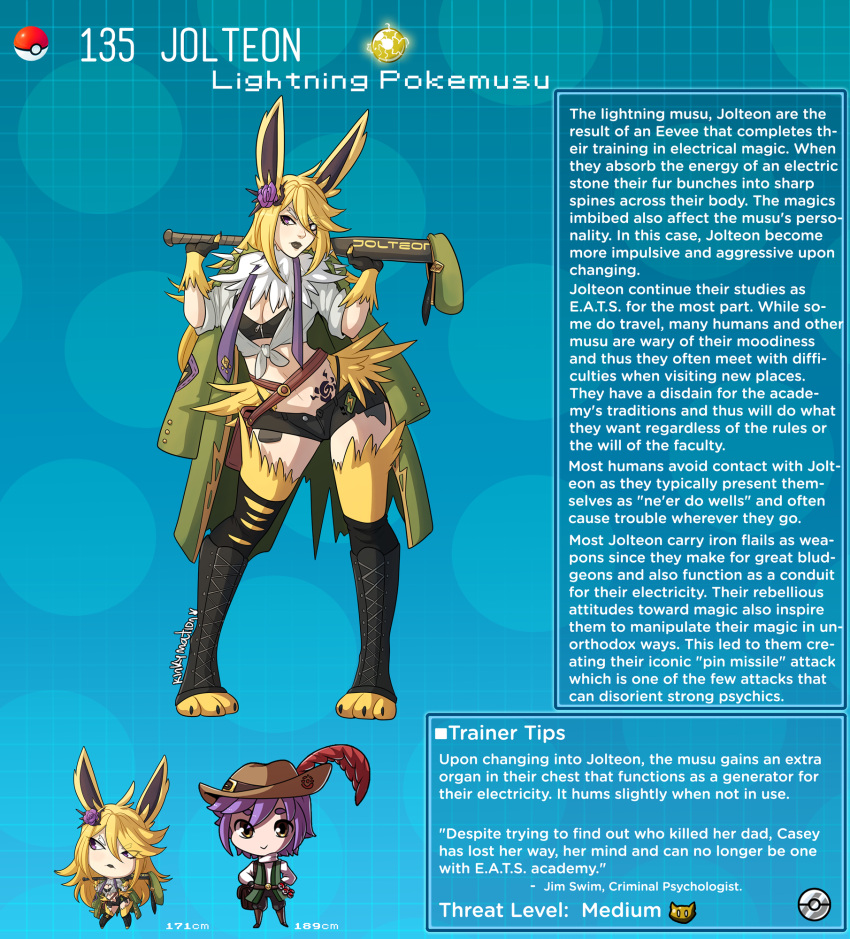 animal_ears creature_index eeveelution english_text female female_focus full_body hat headwear hi_res humanized_pokemon jolteon kinkymation nintendo page_135 page_number pokémon_(species) pokedex pokemon pokemon-girl_encyclopedia pokemorph pokemusu profile purple_hair tagme text_box