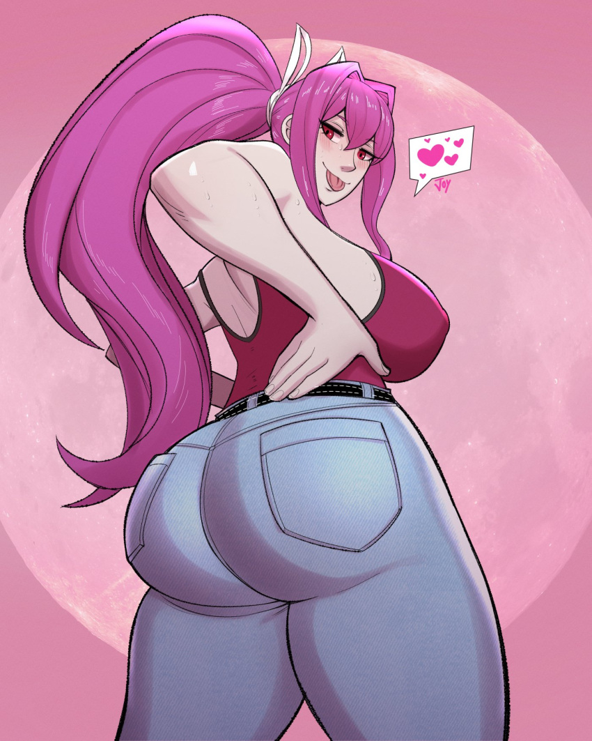 1girls ass big_ass bubble_ass bubble_butt clothing dat_ass fat_ass female female_only jeans joylewds large_ass looking_at_viewer looking_back pants pink_hair red_eyes showing_off_ass solo thick_ass thick_thighs tight_pants tongue tongue_out under_night_in-birth wide_hips yuzuriha_(under_night_in-birth)