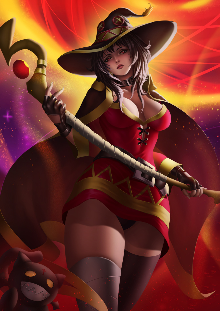 1girls aged_up alternate_version_available armwear bandage bandaged_leg big_breasts black_panties bottomwear breasts brown_hair cape cleavage clothing feline female hair hat headwear holding_staff kono_subarashii_sekai_ni_shukufuku_wo! lips megumin neckwear panties red_eyes smile solo solo_focus staff thick_lips thick_thighs thighhighs thighs tiosam topless witch_hat