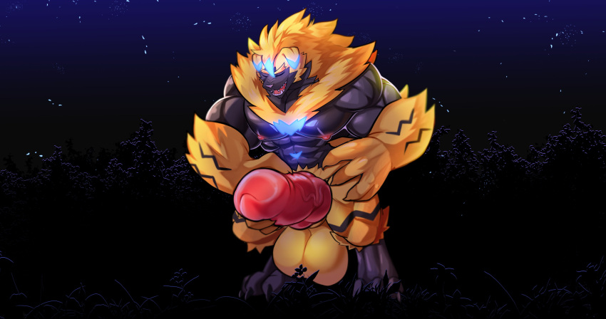 3_toes 4_fingers absurd_res anthro balls biceps big_balls big_muscles big_penis biped black_body black_fur blush bodily_fluids claws erection feet felid feline fingers floppy_ears fur generation_7_pokemon genital_fluids genitals growth hi_res huge_muscles hybrid legendary_pokemon male male_only mammal manyu masturbation muscle_growth muscular muscular_anthro muscular_male nintendo nude pecs penile penile_masturbation penis pokemon pokemon_(species) solo standing toe_claws toes video_games yellow_body yellow_fur zeraora