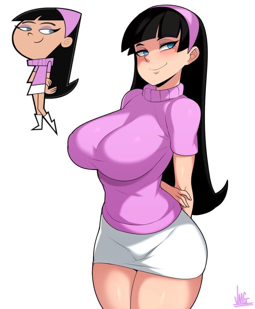 1girls 2021 2021s aged_up arms_behind_back artist_name artist_signature big_breasts black_hair blue_eyes breasts clothed clothed_female clothing female female_focus female_only hairband headband hi_res human human_female jmg large_breasts long_hair miniskirt nickelodeon pink_hairband pink_shirt signature simple_background skirt smile the_fairly_oddparents thick_thighs thighs trixie_tang white_background white_skirt wide_hips