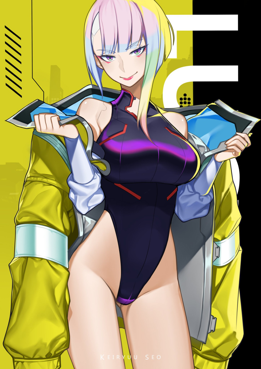 big_breasts cd_projekt_red cyberpunk:_edgerunners cyberpunk_2077 female female_only keiryuu_seo leotard light-skinned_female light_skin looking_at_viewer lucyna_kushinada netflix open_jacket smirk studio_trigger thick_thighs