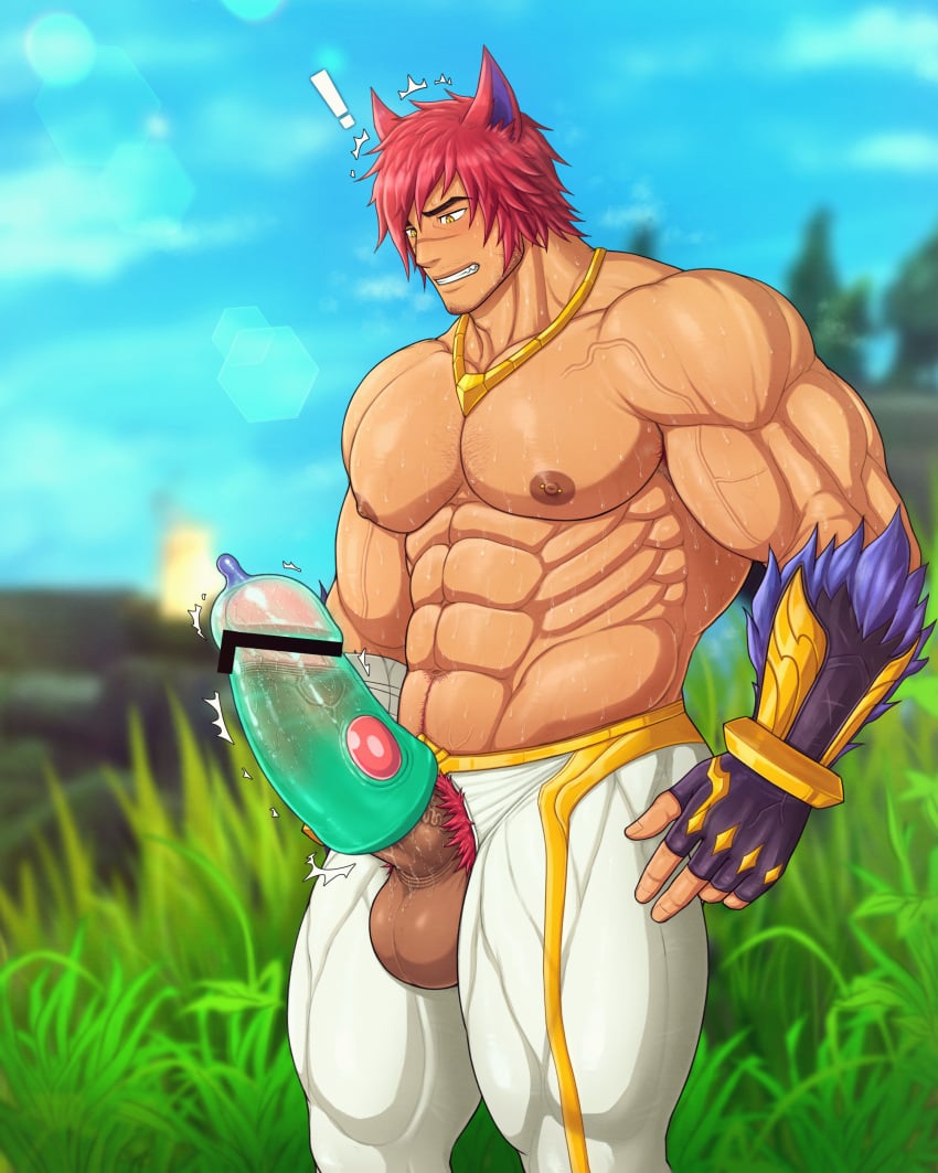 1boy abs absurdres animal_ears armpit_hair armpits bar_censor bara biceps blurry blurry_background bush censored chest_hair cloud cloudy_sky erection fingerless_gloves gauntlets gloves grass highres huge_cock jewelry large_pectorals league_of_legends male_focus male_only manly mature_male muscular muscular_male navel navel_hair necklace nipple_piercing nipples outdoors pants pectorals penis piercing pubic_hair red_hair scar scar_on_face scar_on_nose sett sky slime_(substance) solo spiked_hair sunlight sweat sweatdrop teeth testicles thick_arms thick_eyebrows thick_thighs thighs tight toto_(artist) veins veiny_arms veiny_penis yellow_eyes