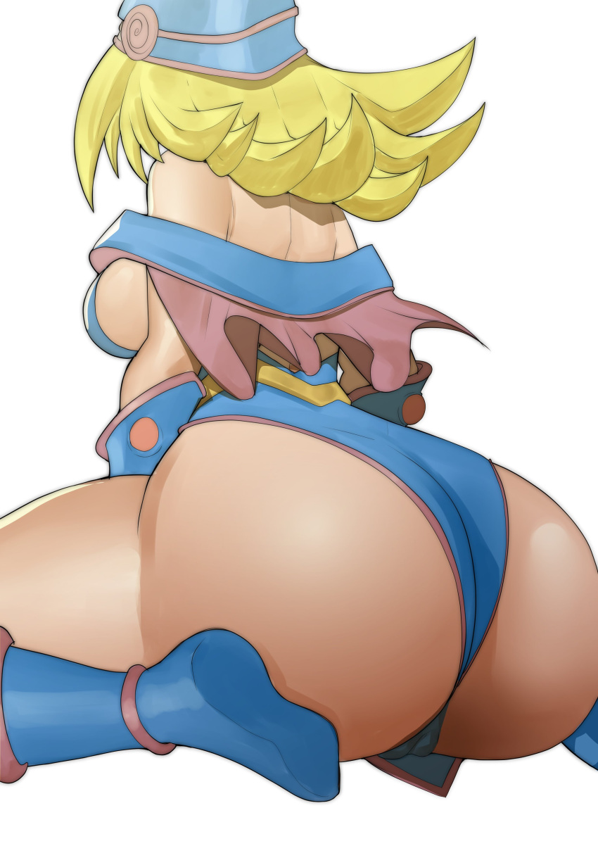 1girls ass ass_focus bare_shoulders big_ass big_butt blonde_hair breasts cameltoe cleavage clothed clothing dark_magician_girl doublehero duel_monster female female_only hat kneeling large_ass sideboob simple_background solo solo_female thick_thighs white_background wide_hips yu-gi-oh!