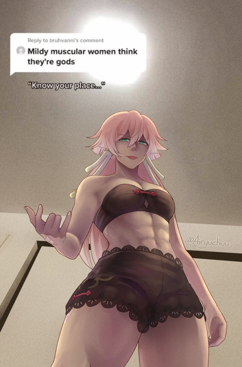 1girls abs female female_only genshin_impact gym_clothes gym_shorts know_your_place light-skinned_female light_skin liuchuu low-angle_view meme mildly_muscular_woman muscular muscular_female thick_thighs yanfei_(genshin_impact)