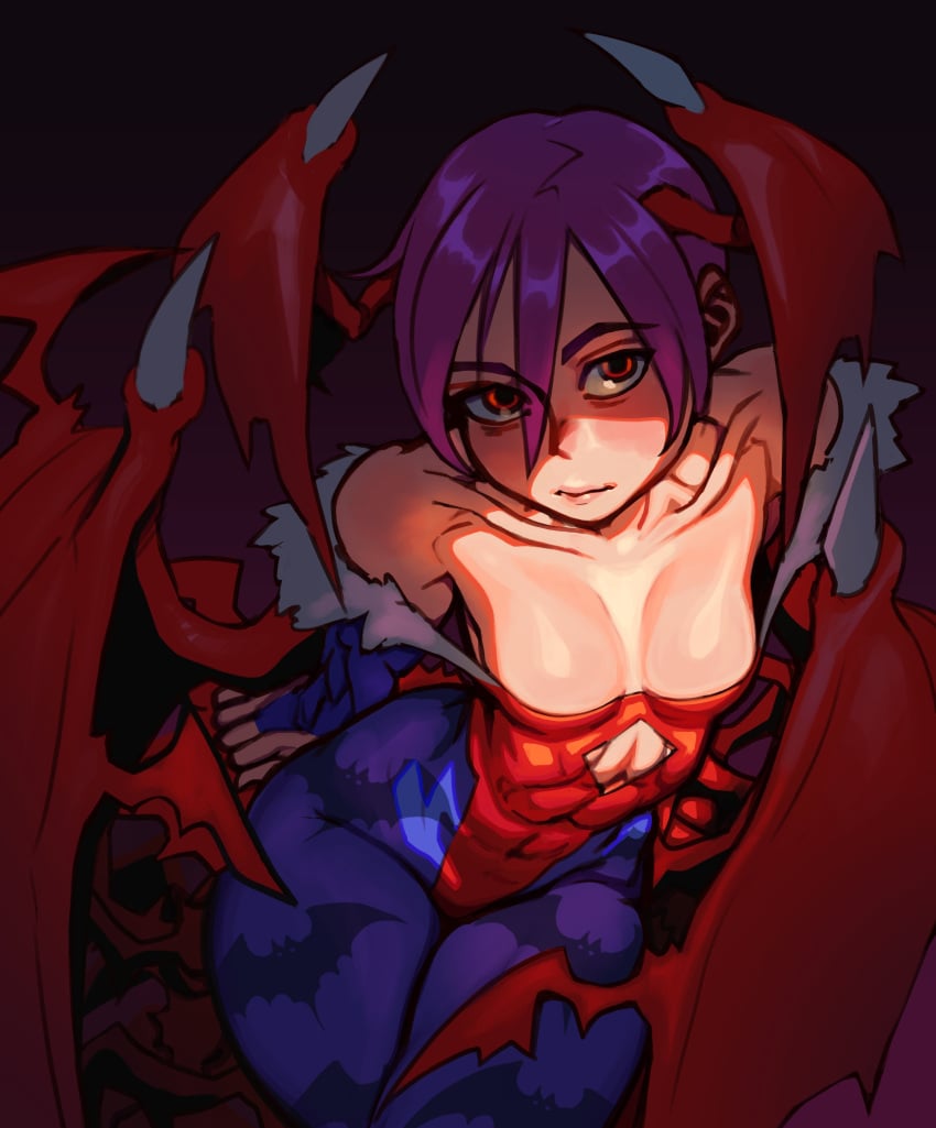 1girls absurd_res bags_under_eyes bat_print blue_pantyhose capcom clothing darkstalkers demon_wings female female_only flat_chest gauntlets head_wings lenny_izquierdo leotard lilith_aensland looking_at_viewer pantyhose purple_hair red_eyes shaded short_hair sitting solo succubus succubus_costume unamused very_short_hair wings