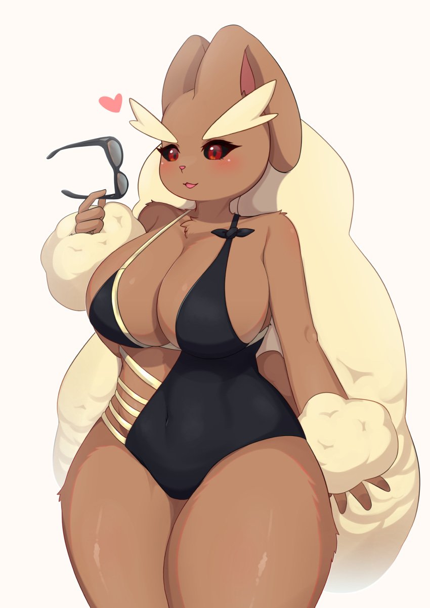 1girls 2022 big_breasts black_sclera blush eyewear_removed female female_only hi_res holding_sunglasses lopunny nintendo pokémon_(species) pokemon pokemon_(species) red_eyes shano_541 smile solo sunglasses sunglasses_removed swimsuit thick_thighs