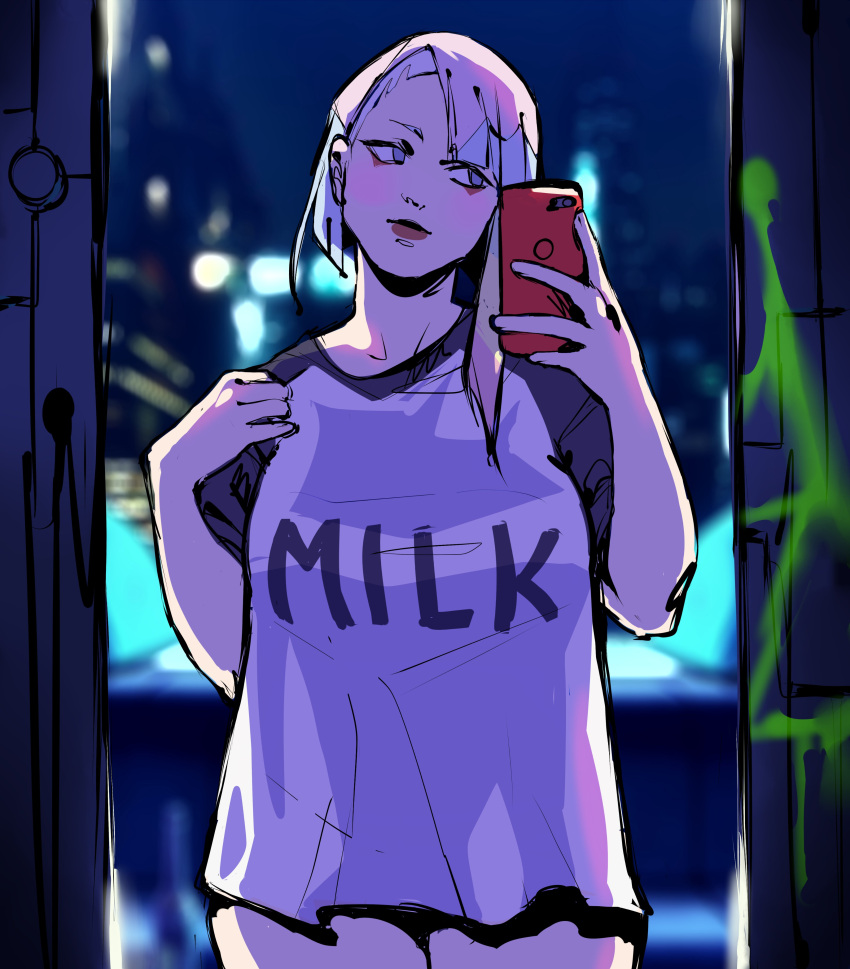 1girls big_breasts bottomless cd_projekt_red cyberpunk:_edgerunners cyberpunk_2077 female female_only light-skinned_female light_skin lucyna_kushinada maggoo milk netflix selfie shirt_only studio_trigger thick_thighs white_hair