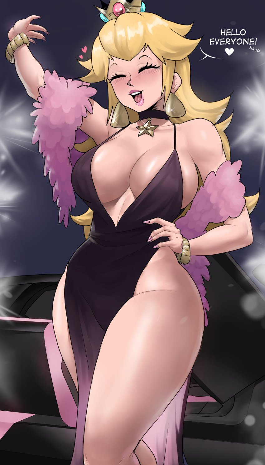 1girls big_breasts black_dress blonde_hair braless breasts choker closed_eyes clothed clothing crown curvy dress earrings echosaber female female_only hand_on_hip happy hi_res hips hourglass_figure limousine mario_(series) movie_theater nail_polish nails_painted nintendo no_bra no_panties no_watermark pink_nails princess princess_peach red_carpet royalty smile solo teeth teeth_showing thick thick_thighs thighs thin_waist tongue voluptuous_female