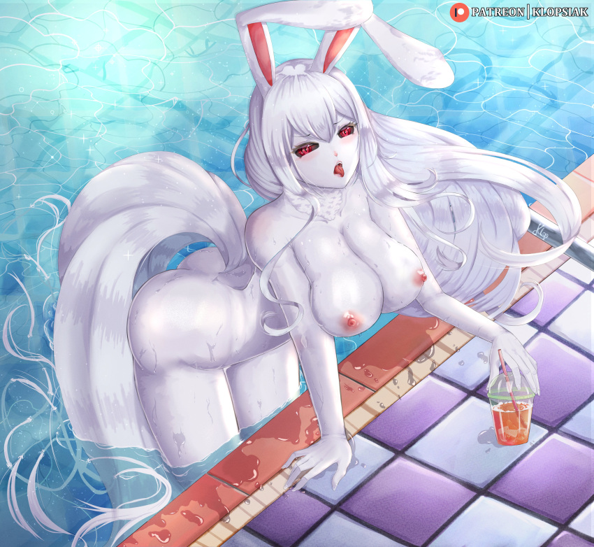 big_breasts bunny_ears bunny_girl carrot_(one_piece) drink female female_only klopsiak long_hair one_piece pool sulong sulong_carrot tail tongue_out white_fur white_hair