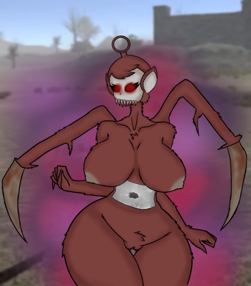 antenna anthro big_breasts blades blood chara_wantrp fluffy fur glowing_eyes monster monster_girl po_(slendytubbies) red_eyes sharp_teeth slendytubbies smoke the_main_slendytubbies_cast_and_enemies thick_thighs transformation tv