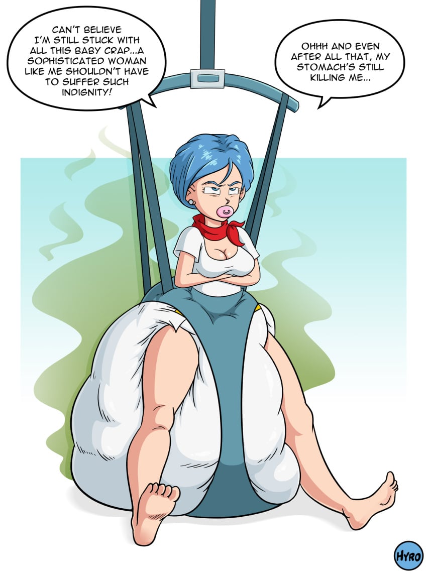 1girls big_breasts blue_hair breasts bulma_briefs cleavage dialogue diaper dragon_ball dragon_ball_super dragon_ball_z female hyrosdiaperdivas mature_female messy_diaper milf mother pacifier scat soiling stink_lines text