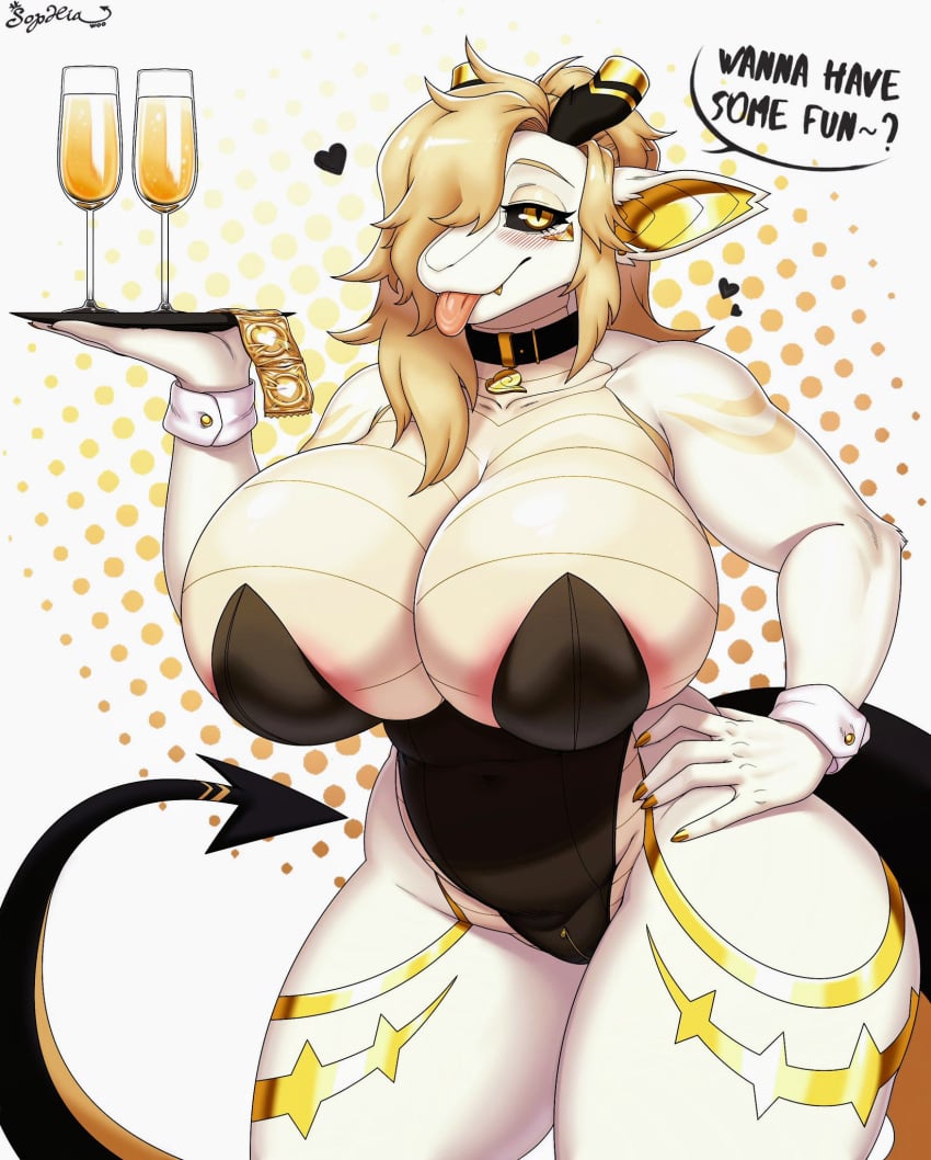 1girls ? anthro artist_name blonde_hair bunnysuit claws condom_packet_strip condom_wrapper dragon dragon_girl dragon_horns dragon_tail dragoness english_commentary english_text fangs fangs_out furry serving_tray sophia_(sophiathedragon) sophia_woo sophiathedragon stripes toned tongue tongue_out