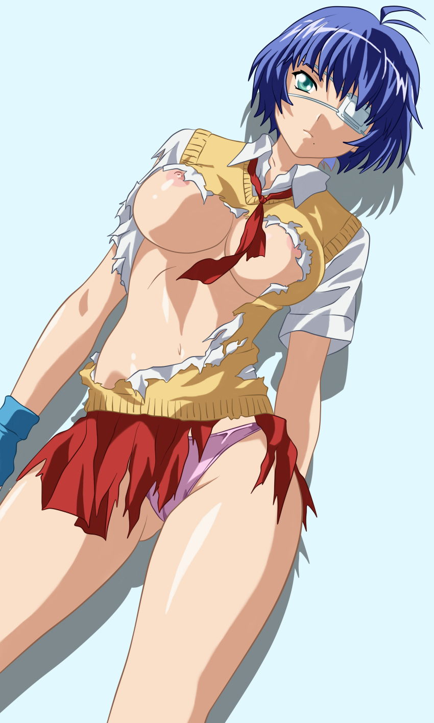 1girls big_breasts blue_hair breasts busty eyepatch female female_only green_eyes hi_res ikkitousen large_breasts legs looking_at_viewer navel nipples panties pink_panties ryomou_shimei school_uniform short_hair skirt solo thighs torn_clothes underwear