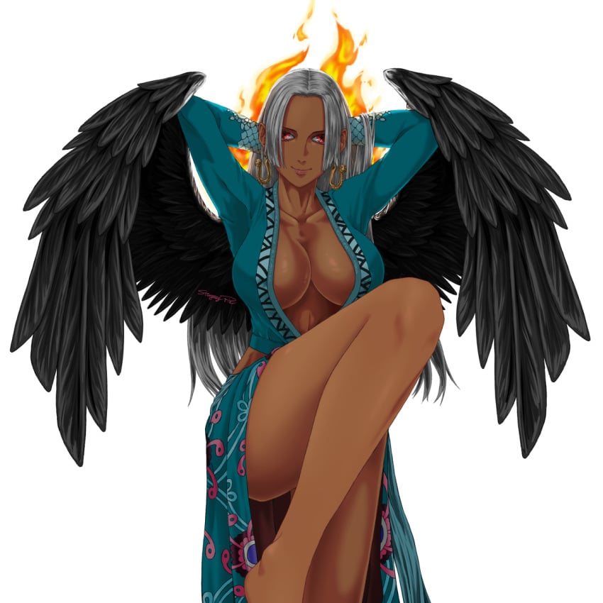 1girls aged_up black_wings boa_hancock dark-skinned_female dark_skin earrings female female_only fire first_porn_of_character hands_behind_head long_hair looking_at_viewer lunarian one_piece red_eyes s-snake_(one_piece) seraphim_(one_piece) smile solo star-shaped_pupils stargazypie white_background white_hair wings