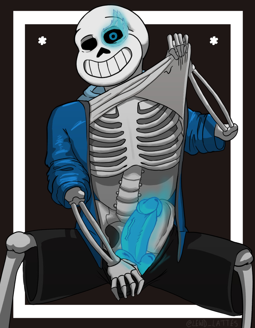 1boy animated_skeleton balls blue_eye blue_penis bone bottomwear clothed clothing ectopenis erection glowing glowing_eyes glowing_penis hi_res jacket legs_apart lewd_latte looking_at_viewer male male_only penis raised_clothing raised_shirt raised_topwear sans shirt shirt_up shorts skeleton solo solo_male testicles topwear undertale undertale_(series)