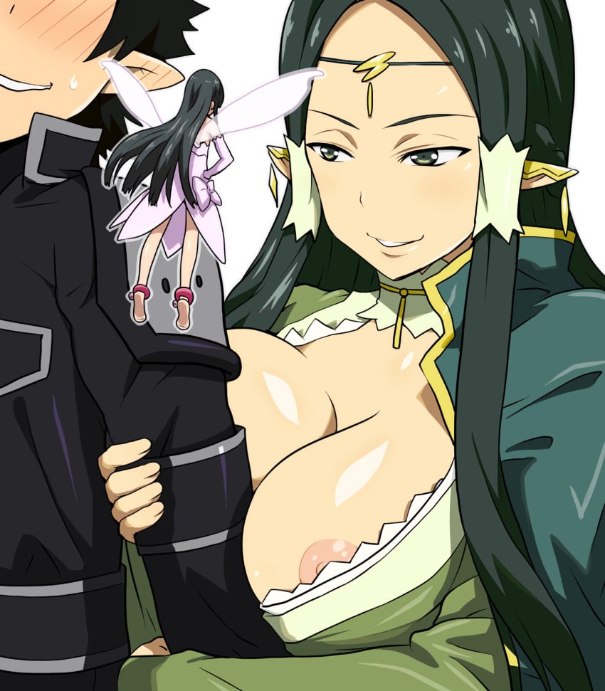 1boy 2girls arm_hug big_breasts black_eyes black_hair blush breast_press breasts busty cleavage detached_sleeves ear_covers fairy fairy_wings female female_only hair_ornament hands_on_hips highres horny jewelry kameneji kirito large_breasts long_hair macro male_human/female_elf micro minigirl multiple_girls naughty_face nipple_slip nipples pointy_ears sakuya_(sao) short_hair smile sweatdrop sword_art_online tiara wings yui_(sao)