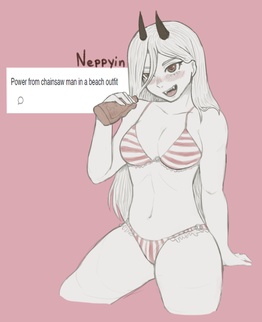 1girls anime_style artist_name athletic athletic_female bikini blush chainsaw_man cleavage female female_focus female_only horn horns medium_breasts monochrome neppyin pink_background power_(chainsaw_man) request simple_background striped_bikini swimsuit teeth tongue very_long_hair