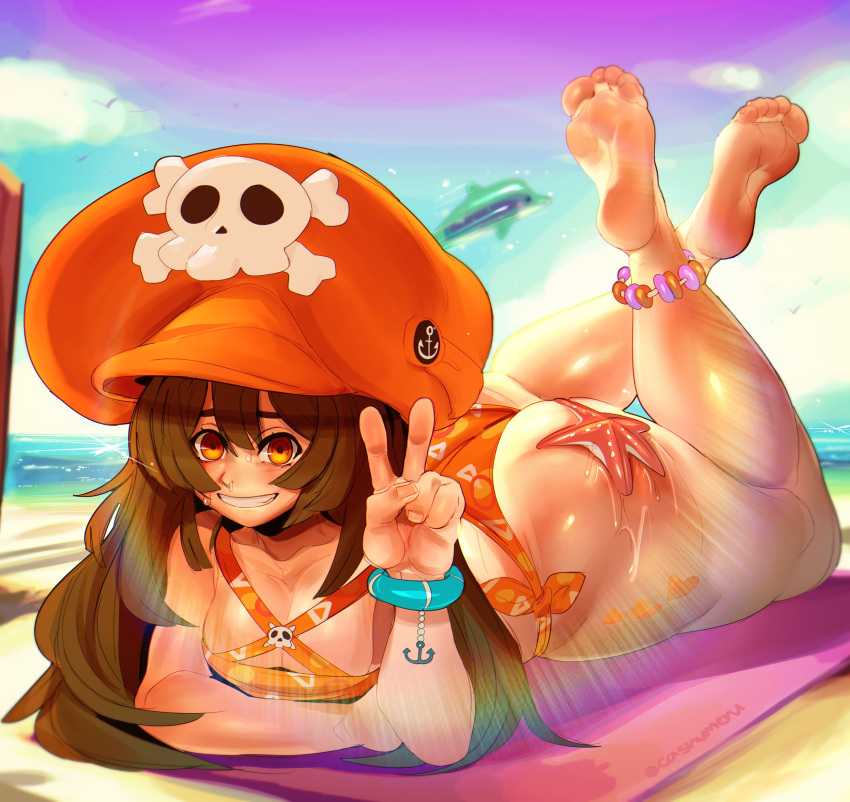 1girls barefoot beach big_ass bikini cashumeru feet guilty_gear hat huge_ass laying_down legs_up long_hair may_(guilty_gear) peace_sign soles swimsuit the_pose thick_thighs toes