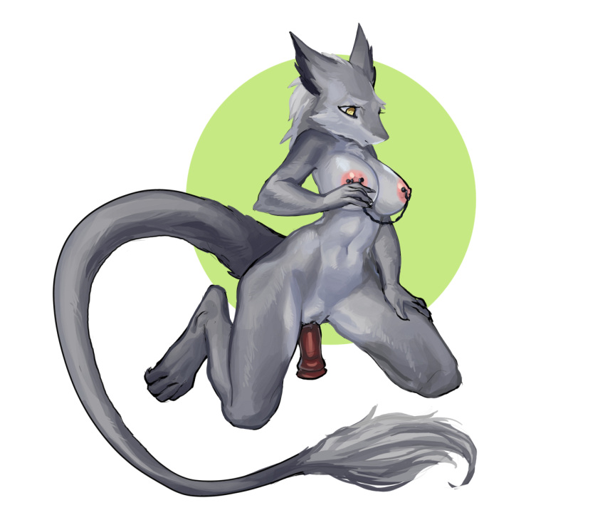 anthro dildo female fur grey_body grey_fur hi_res nipple_piercing nipples piercing rosemary02 sergal sex_toy solo strapon yellow_eyes