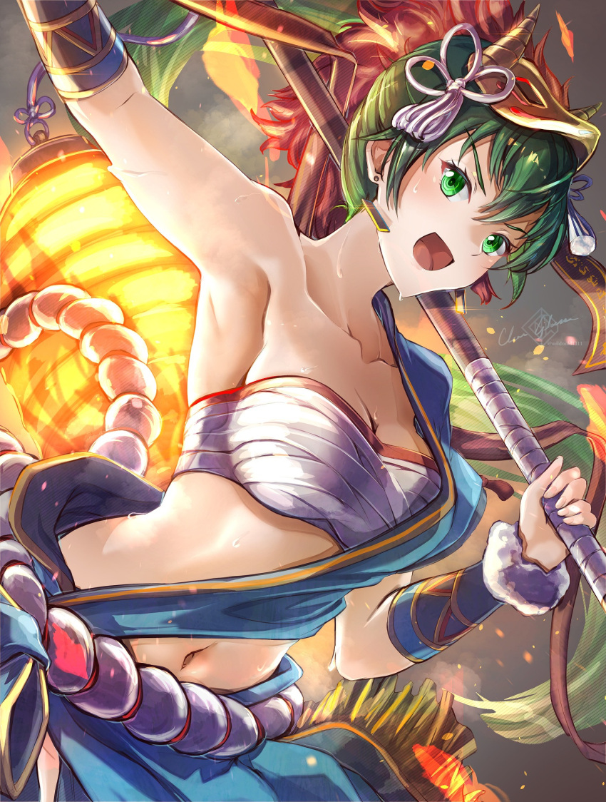 1girls alternate_costume armpits bandaged_chest bandeau breasts chest_sarashi chest_wraps clear_glass_(mildmild1311) collarbone female female_only fire_emblem fire_emblem:_the_blazing_blade fire_emblem_heroes green_eyes green_hair hair_between_eyes hair_ornament highres holding holding_polearm holding_weapon japanese_clothes lantern long_hair looking_at_viewer lyn_(fire_emblem) lyn_(flame)_(fire_emblem) mask mask_on_head medium_breasts midriff navel nintendo official_alternate_costume open_mouth outstretched_arm polearm ponytail sarashi stomach sweat upper_body weapon