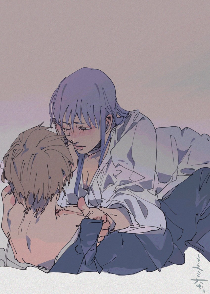 1boy 1girls blush cleavage female female_on_top gintama glasses_removed hand_on_another's_face hattori_zenzou intimate kimono long_hair lying_on_person male off_shoulder on_back purple_hair romantic romantic_ambiance sarutobi_ayame undressing_another white_tea wholesome