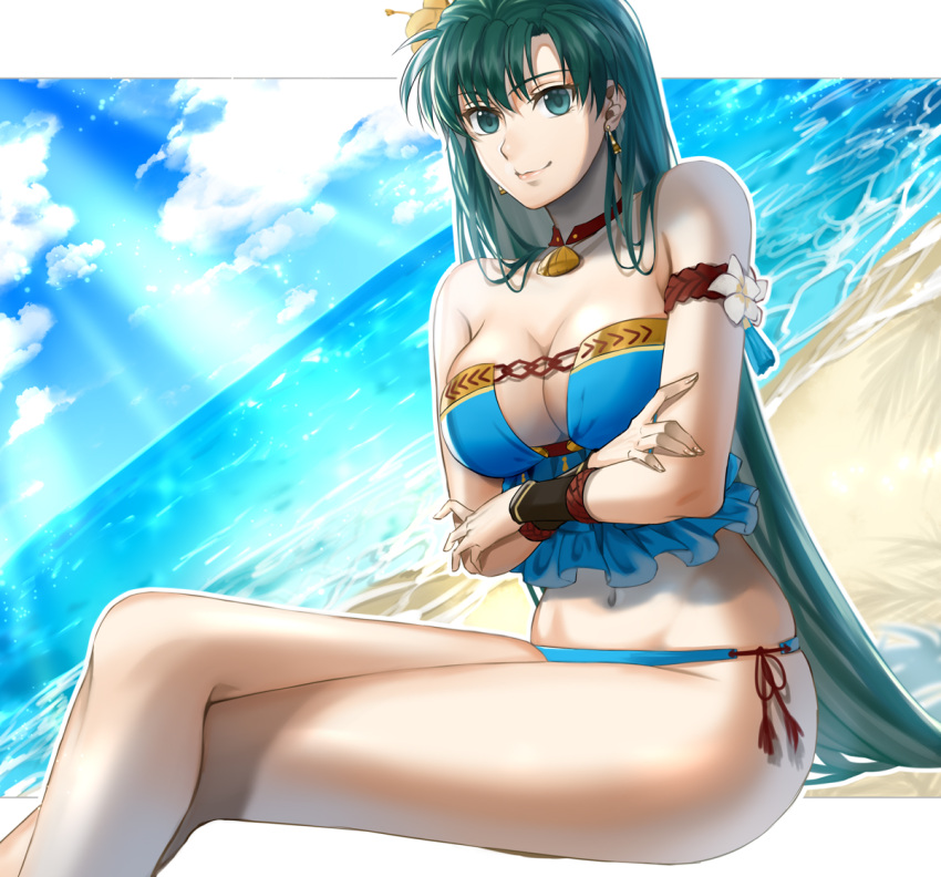 1girls alternate_costume alternate_hairstyle armlet bangs beach bikini blue_bikini blue_sky blue_swimsuit breasts cleavage closed_mouth cloud commentary_request crossed_arms crossed_legs day delsaber female female_only fingernails fire_emblem fire_emblem:_the_blazing_blade fire_emblem_heroes flower frilled_bikini frills green_eyes green_hair hair_between_eyes hair_flower hair_ornament jewelry lips long_hair looking_at_viewer lyn_(fire_emblem) lyn_(summer)_(fire_emblem) medium_breasts navel necklace nintendo ocean official_alternate_costume pink_lips sand sitting sky smile solo sunlight swimsuit very_long_hair water white_flower