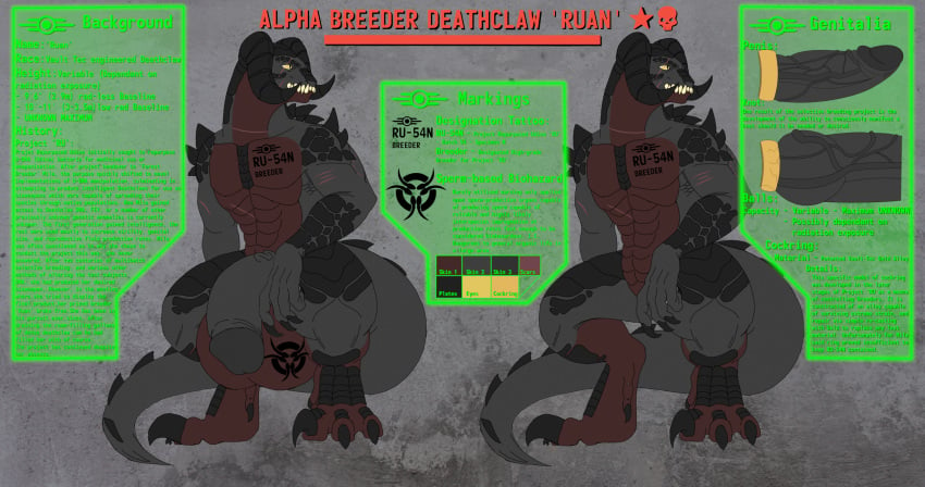 abs anthro character_sheet cock_ring deathclaw fallout gameplay_mechanics gigantic_penis gigantic_testicles health_bar hyper hyper_balls hyper_penis muscular muscular_male original_character radioactive ruan_(theimperialis) saggy_balls scornedtitan01 solo thick_penis vein veiny_penis