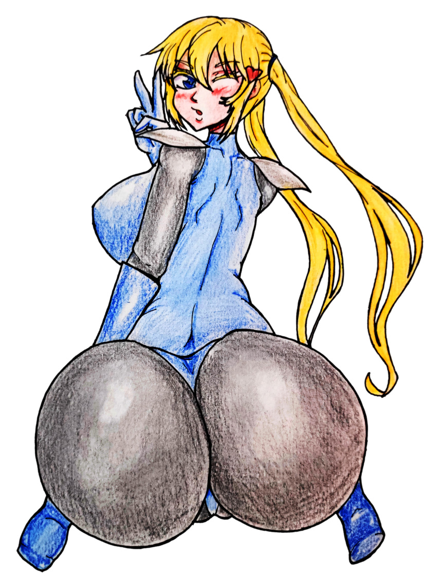 1girls ass big_ass big_breasts blend_s blonde_hair blowing_kiss blue_eyes bodysuit breasts busty female female_only heart highres hinata_kaho huge_ass huge_breasts legs long_hair looking_at_viewer looking_back one_eye_closed sideboob sitting solo thighs traditional_media twintails v wink