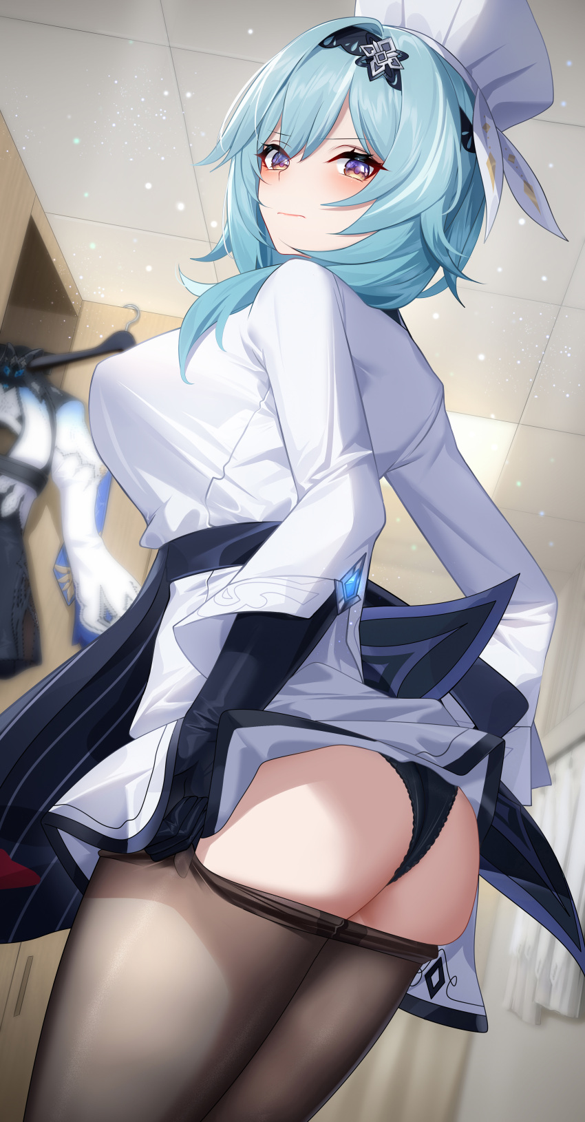 1girls ass ass_focus black_panties black_pantyhose blue_hair blush breasts changing_room chef chef_hat clothed_female clothing dat_ass eula_(genshin_impact) fat_ass female female_only genshin_impact hi_res large_breasts looking_at_viewer panties panty_pull solo_female underwear wu_ganlan_cai