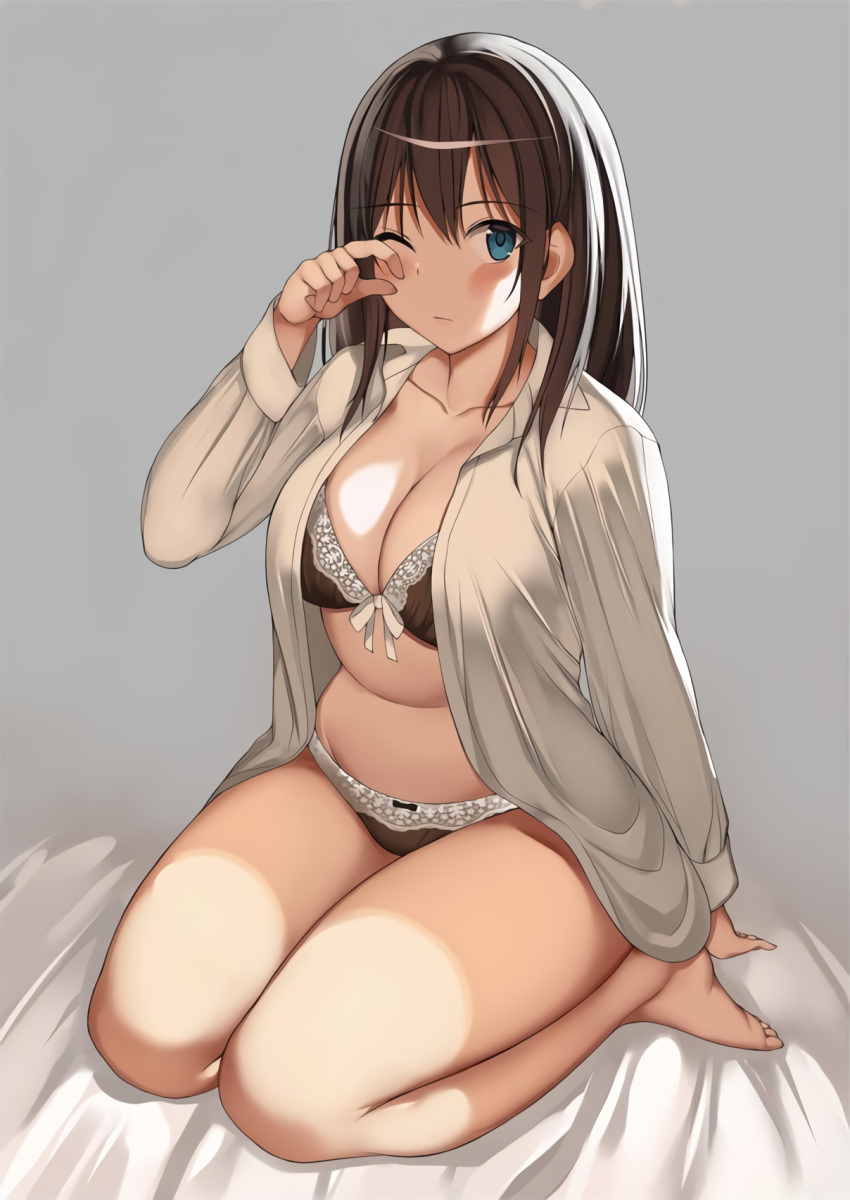 barefoot blue_eyes blush bra breasts brown_hair collarbone kneeling kureha_(ironika) lingerie one_eye_closed open_shirt original tsubasa_(kureha)