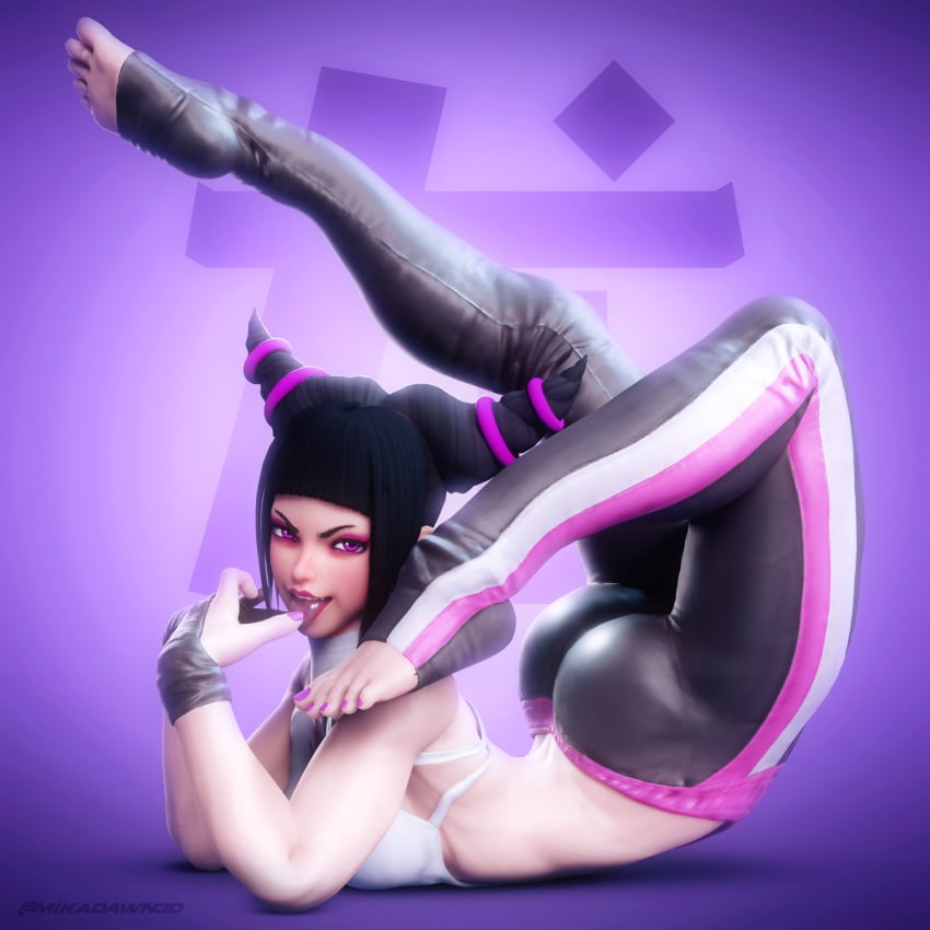 1girls 3d barefoot black_hair bubble_butt capcom contortion curvaceous dark_hair female female_only juri_han laying_on_stomach mikadawn pink_eyes solo street_fighter tongue tongue_out